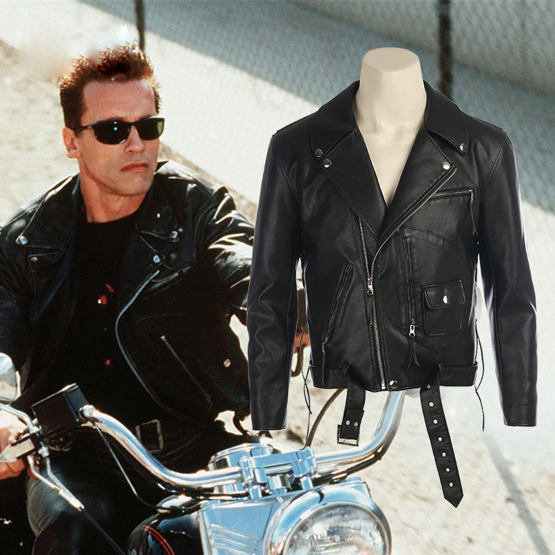 Movie Terminator 2: T800 Cosplay Costumes Terminator Jackets Black PU Leather Jacket Motorcycle Coat fot Men clothing