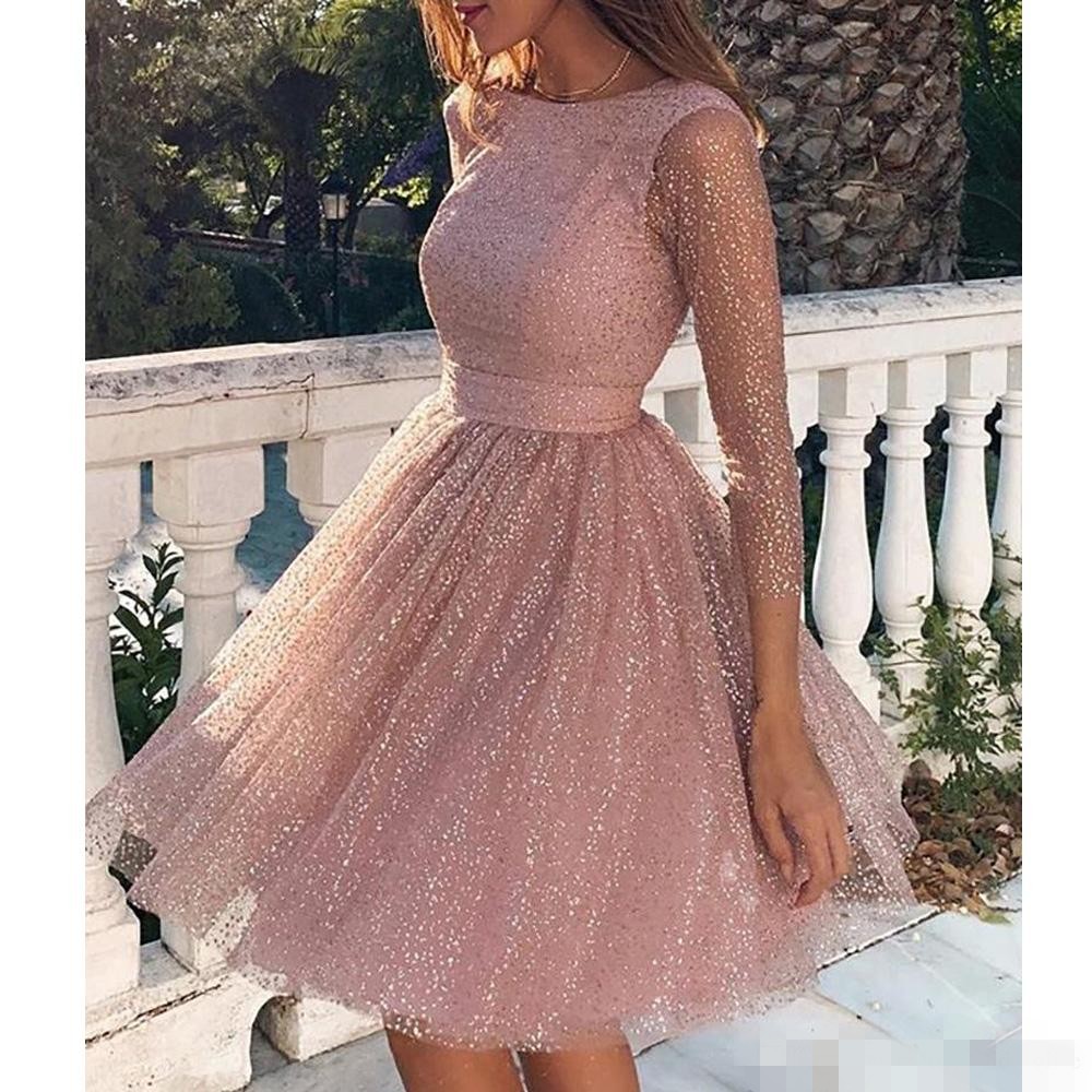 2021 Pink Short Prom Dresses Rose Gold Sequins Scoop Neck Backless 3/4 Long Sleeves Custom Made Evening Party Gown Plus Size