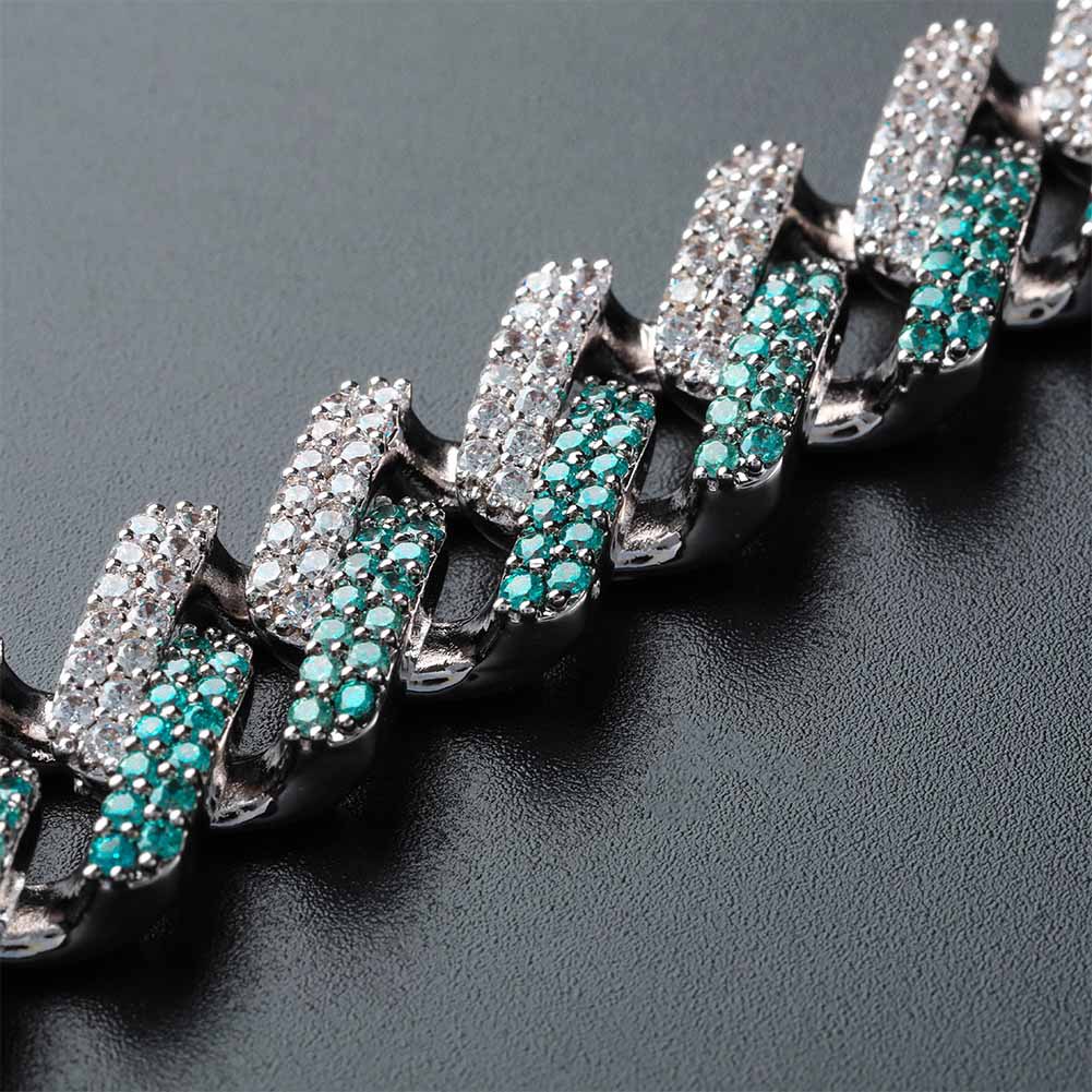 Mint Green Cuba Chain Bracelet Men's Hip Hop Full Diamond Stone Platinum Plated Geometric Shape Bangle