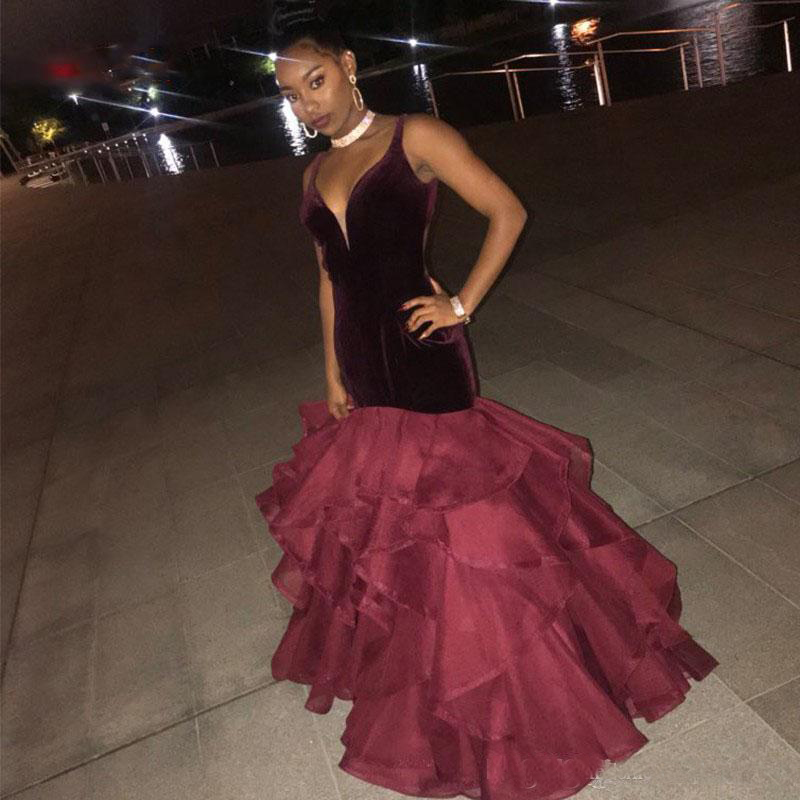 Burgundy Velvet Formal Evening Dresses Backless V Neck Prom Gowns Mermaid Ruffles Organza Skirt Graduation Dress Evening Wear