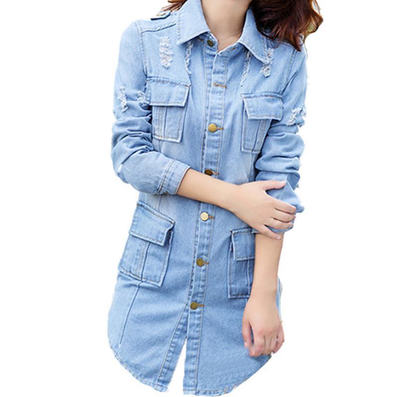 Korean Female Classic Blue Coat Relaxed Fit Tops Sleeve Jean Outwear Long Denim Jacket Women C19041501