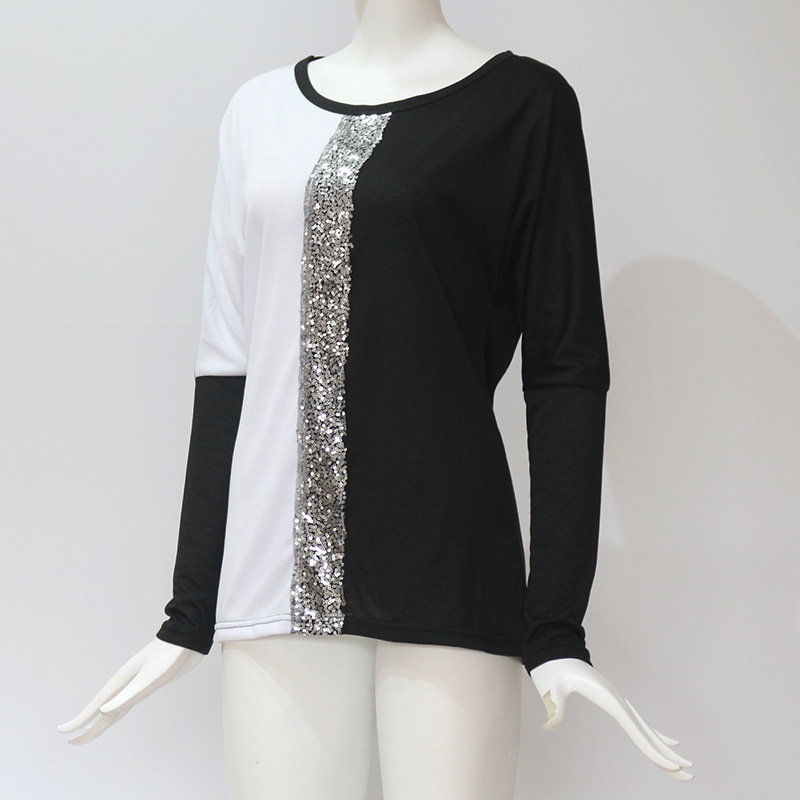 2020 Ladies Tops and Blouses Off Shoulder Long Sleeve Shirt Sequined Patchwork Tunic Casual Loose Tops Plus Size Chemise Femme