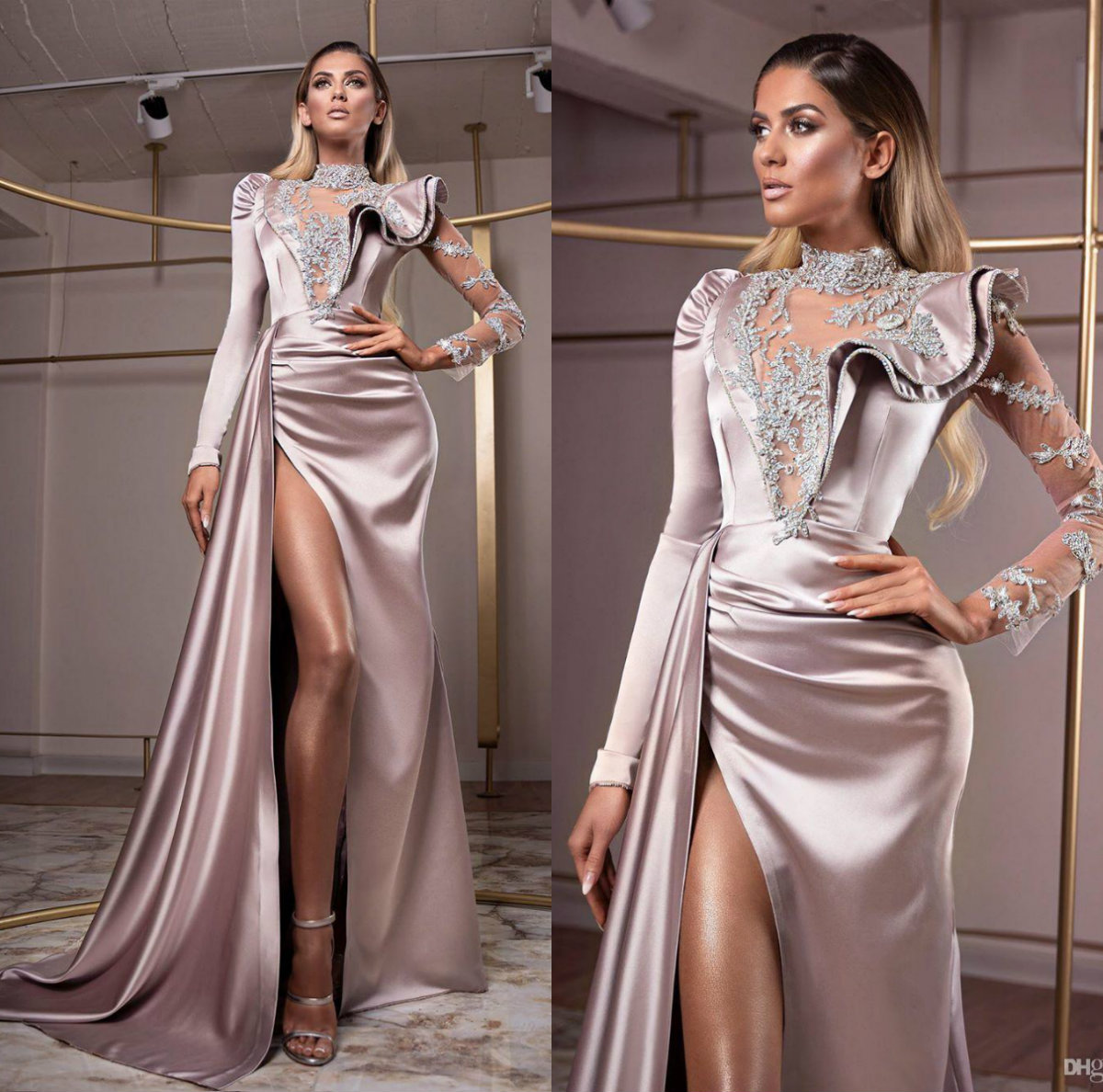 Long Prom Dresses 2020 High Neck Lace Appliques Beads High Split Formal Evening Gowns Satin Party Dress Plus Size Long Sleeve