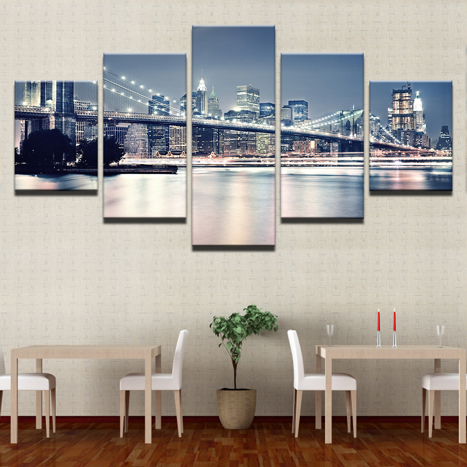Canvas Paintings Living Room Decor Prints Posters 5 Pieces Beautiful Brooklyn Bridge City Night View Pictures Wall Art No Frame