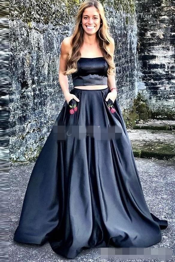 Simple Black Two Piece Prom Dresses With Pockets Satin Strapless Beaded Embroidery Custom Made Sweep Train Long Evening Gown Plus Size 403