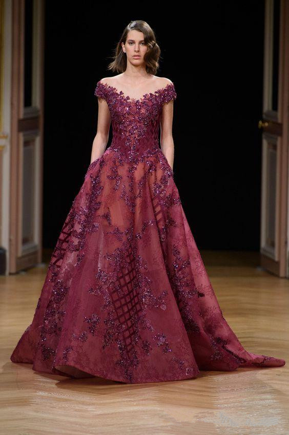 Burgundy Lace Crystal Prom Dresses Ziad Nakad Sheer Off Shoulder Dubai Arabic Plus Size Celebrity Evening Gowns