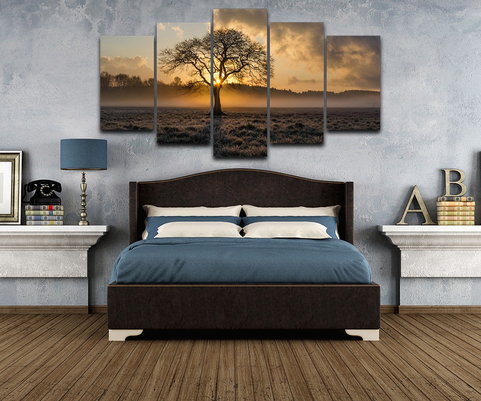 Canvas Painting Vintage Wall Art Frame Printed Pictures 5 Panel Poster Sunrise Tree Landscape Photo For Living Room Decor No Frame