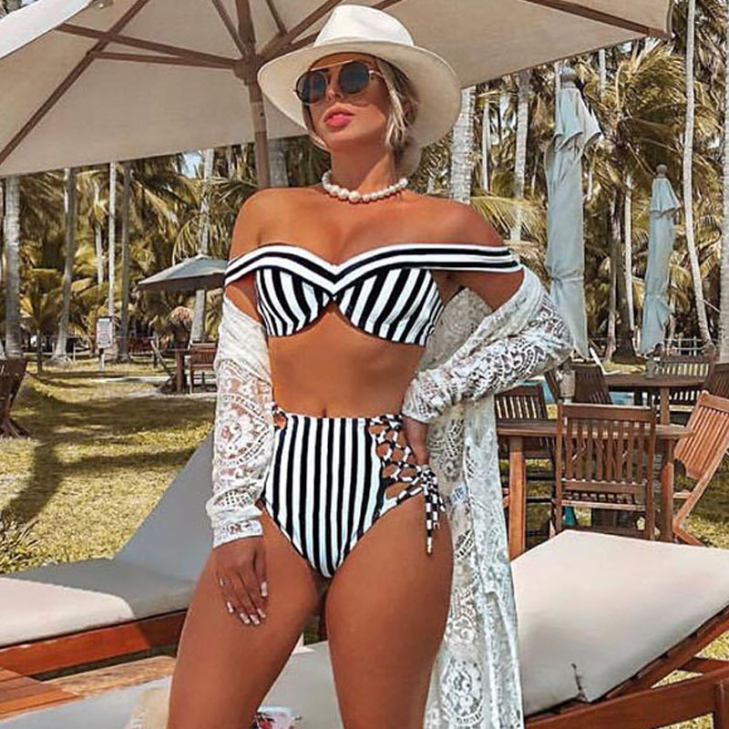 Striped Swimsuit High Waist Bikini Set Off Shoulder Swimwear Women 2020 Lace Up Bathing Suit Sexy Two-Piece Suit Push Up Bathers, Blue
Striped Swimsuit High Waist Bikini Set Off Shoulder Swimwear Women 2020 Lace Up Bathing Suit Sexy Two-Piece Suit Push Up Bathers, Blue