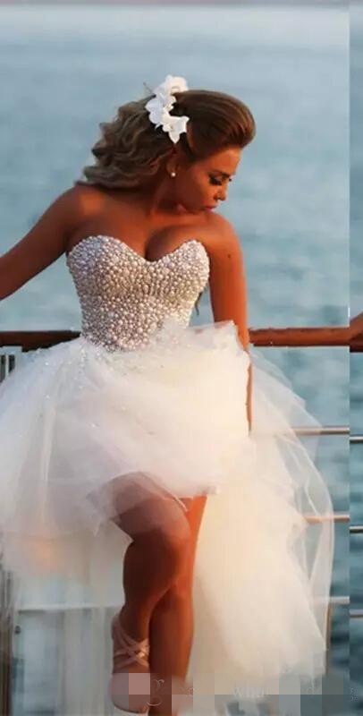 High Beaded Short Dresses Low Sweetheart Necke Tiered Skirt Ruffles Crystal Pearls Beach Wedding Gown Custom Made