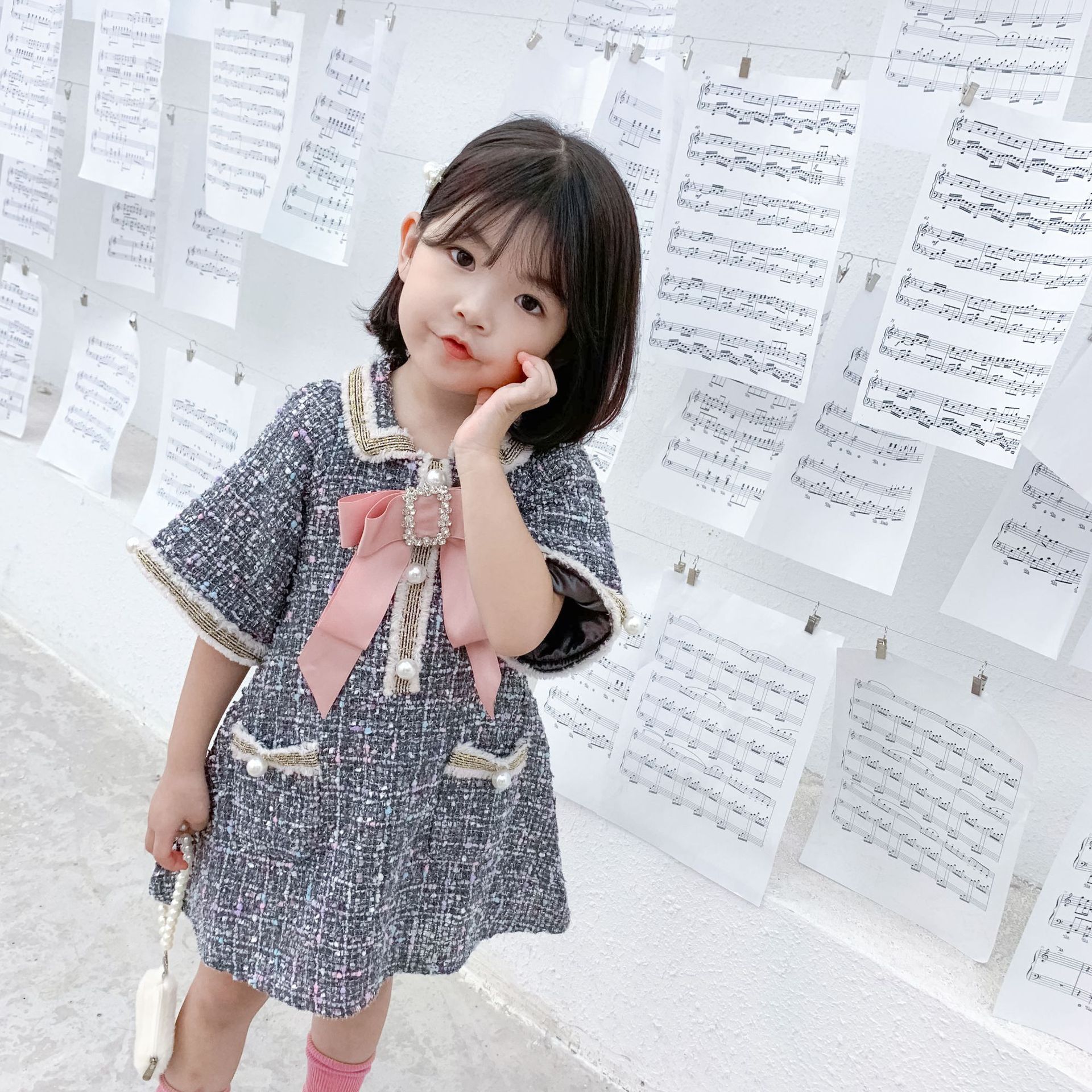 Retail baby girl dresses Luxury temperament pearl bow princess dresses for kids designer clothes girls Dress boutique clothing, White