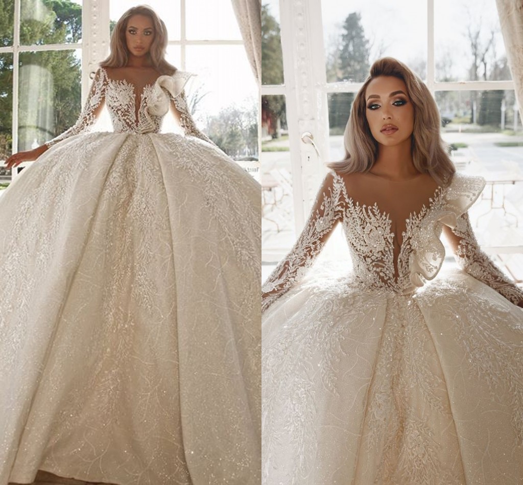2020 Gorgeous Lace Ball Gown Wedding Dresses Appliques Beads Long Sleeves Luxury Crystal Saudi Arabian Dubai Bridal Gowns With Petticoat