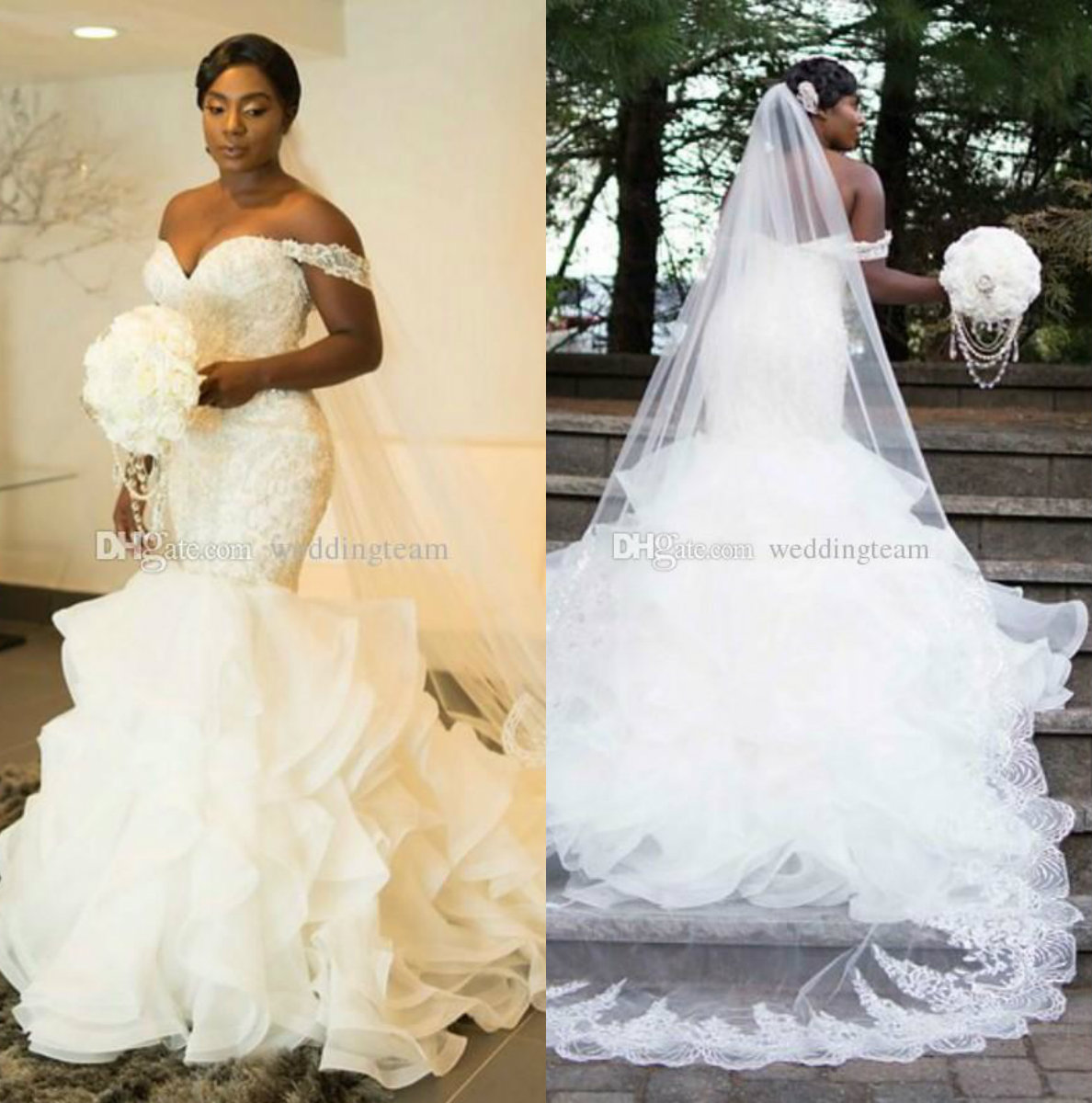 Charming Mermaid Lace Wedding Dresses Off Shoulder Beaded Bridal Gowns Court Train Ruffled Skirt Sequined Vestido De Novia