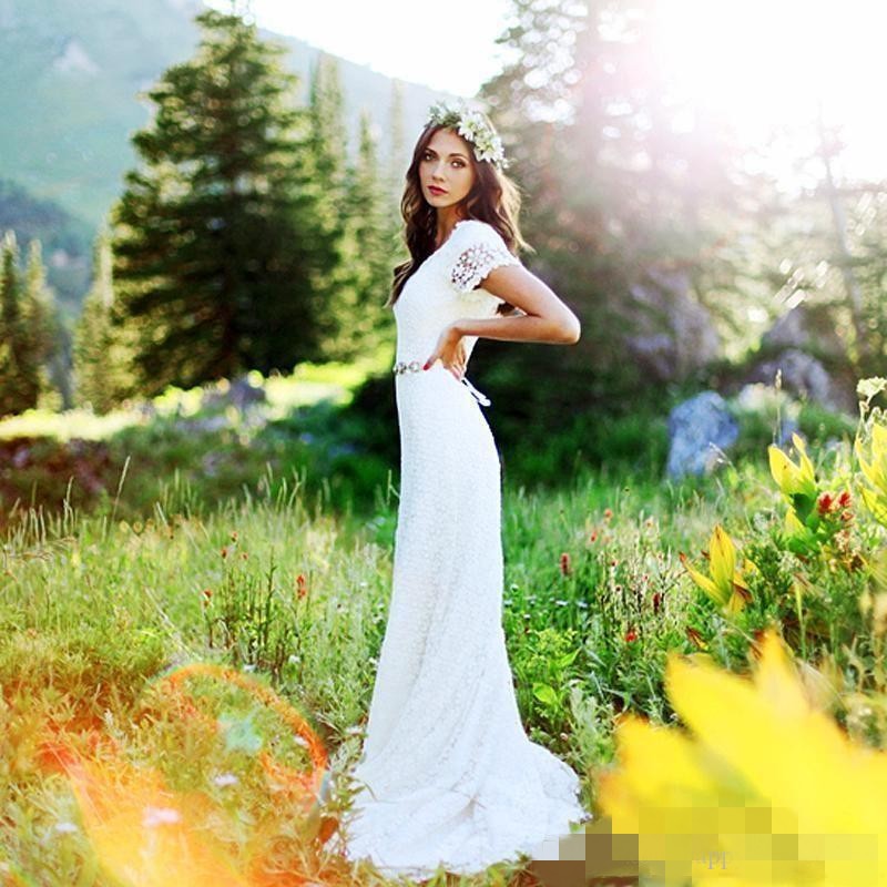 Country Full Dresses Lace Short Sleeves V Neck Sweep Train Ribbon Beads Crystals Wedding Bridal Gown Vestido De Novia Estido