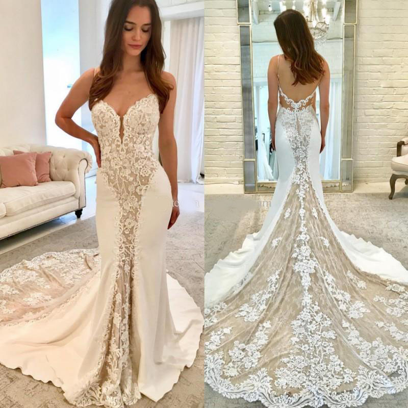 Gorgeous Mermaid Lace Wedding Dresses Plunging Neck Backless Bridal Gowns Court Train Plus Size Beaded Trumpet Vestido De Novia