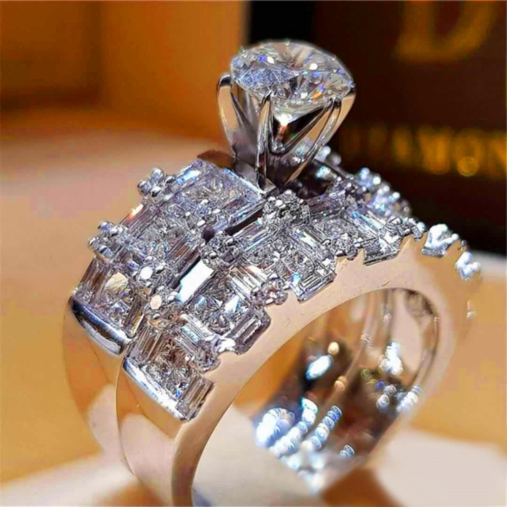 Vecalon Boho Female Diamond Wedding Ring Set Fashion 925 Silver Big Stone Finger Ring Promise Bridal Engagement Rings For Women
