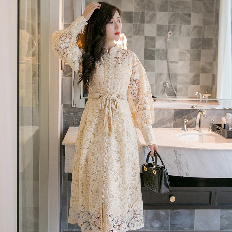 BLLOCUE High Quality 2020 Autumn Runway Long Dress Women Single-breasted Lantern Sleeves Hollow Embroidered Lace Sashes Dress MX200804