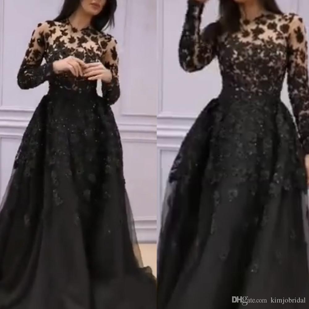 2019 Black Evening Dresses Illusion Bodice Lace Appliqued A Line Long Sleeve Prom Dress Sweep Train Arabic Formal Party Gowns, Green
2019 Black Evening Dresses Illusion Bodice Lace Appliqued A Line Long Sleeve Prom Dress Sweep Train Arabic Formal Party Gowns, Green