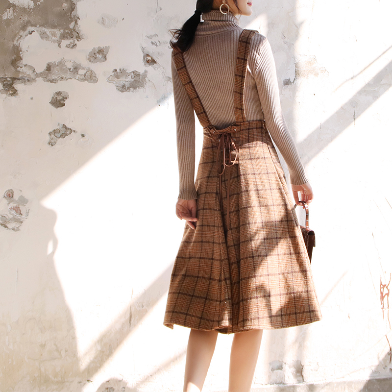 Japan Mori Girl Sundress Autumn Korean Fashion Women Sleeveless Vest Brown Plaid Woolen Winter Dresses Spaghetti Strap Vestidos LY191115