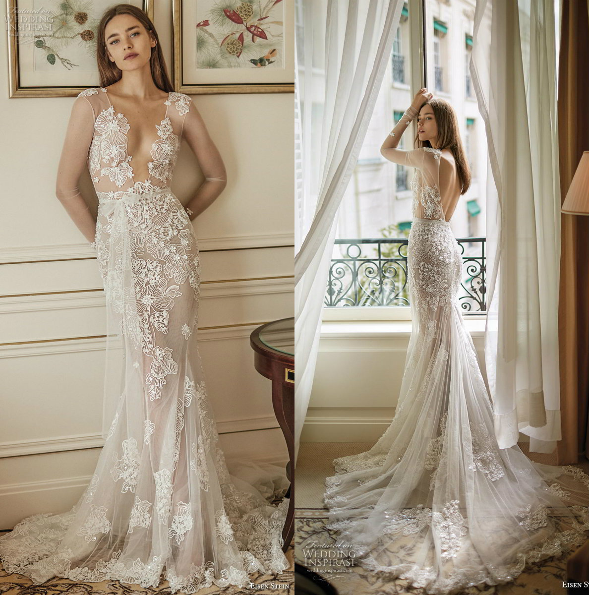 2020 Illusion Mermaid Wedding Dresses Appliqued Lace Backless Deep V Neck Boho Wedding Dress Sweep Train Long Sleeve Beach Bridal Gowns