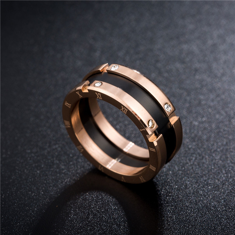 Meicialanda Stainless steel rose gold black and white ceramic couple ring Japanese and Korean popular simple women jewelry