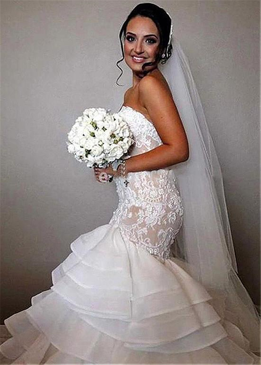 Fashionable Sweetheart Mermaid Wedding Dresses With Tiered Ruffles Lace Applique Organza Bridal Gowns Custom Made Beach Wedding Dress