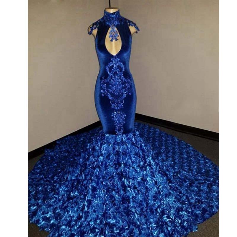Royal Blue Mermaid Evening Pageant Dresses 2020 Keyhole High Neck Lace Applique 3D Floral Sweep Train Occasion Prom Wear Gowns
