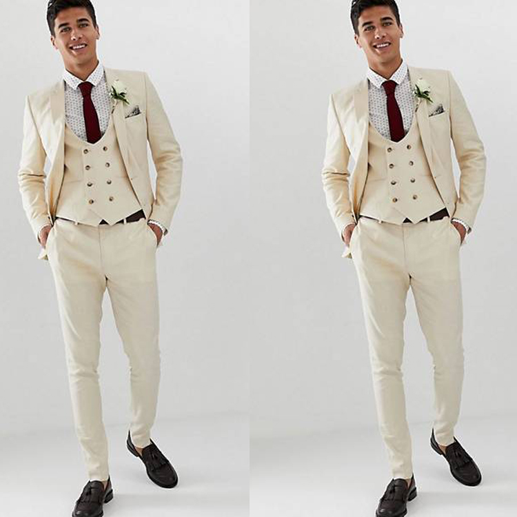 Ivory White Groom Wedding Tuxedos 3 Pieces Slim Fit One Button Mens Pants Suits Best Men Formal Blazer Jackets