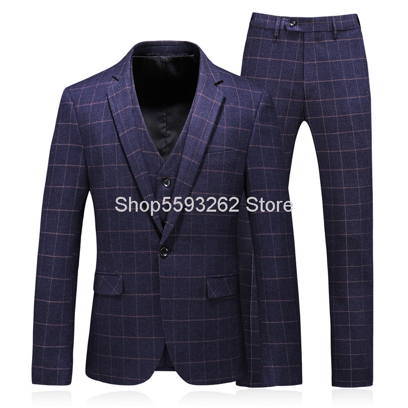 Men Grid Suit Suit Three-piece Set Groom Dress 8655, Navy blue