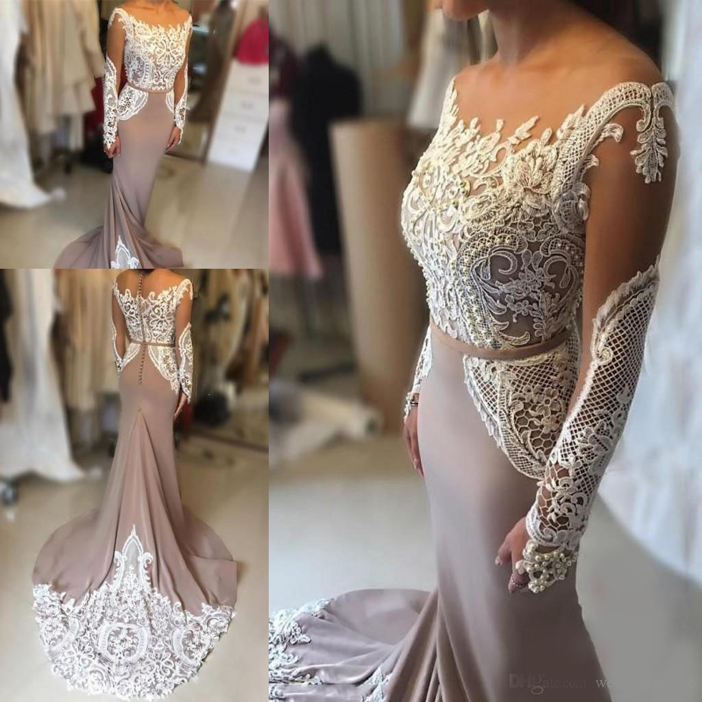 2020 Latest Long Sleeve Mermaid Prom Dresses Lace Beaded Formal Prom Gowns Robe De Bal Button Back Party Dresses Formal Evening Dresses