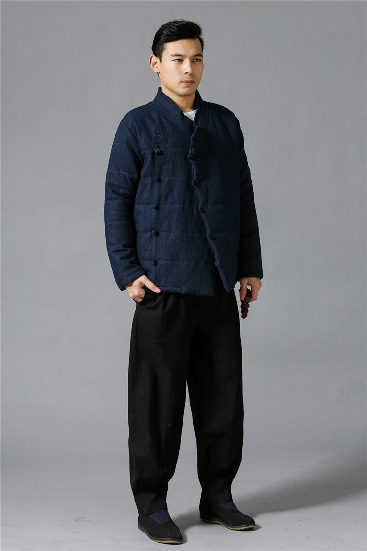 East Asian Vintage Jacket Winter men ramie cotton padded clothes slant lapel Chinese Style Coat Traditional Warm Cotton Linen clothes