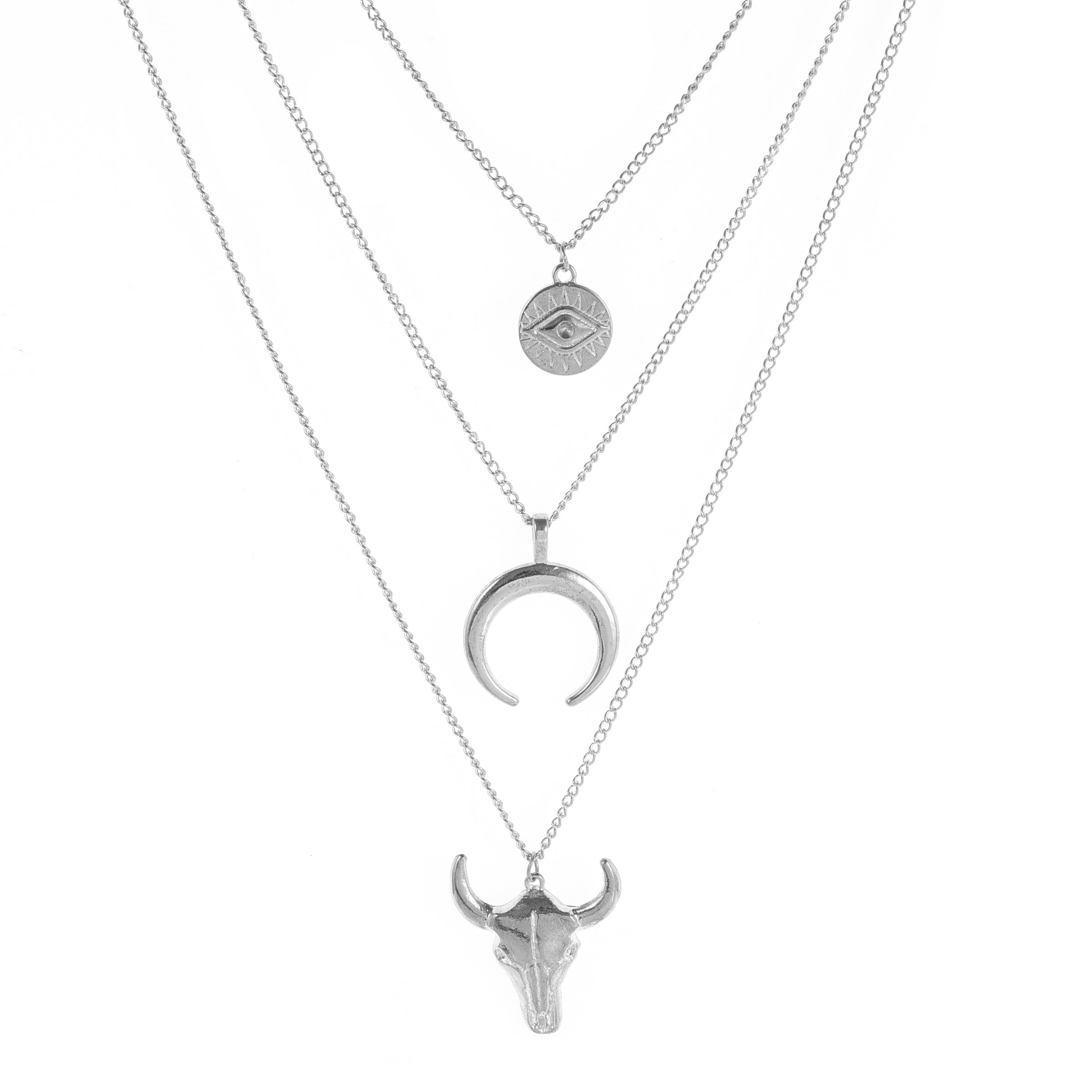 3pcs/set Women Long Sweater Chain Animal Cow Head Pendant Necklace Alloy Eye Horn Multilayer Necklace Jewelry Gift for Girls
