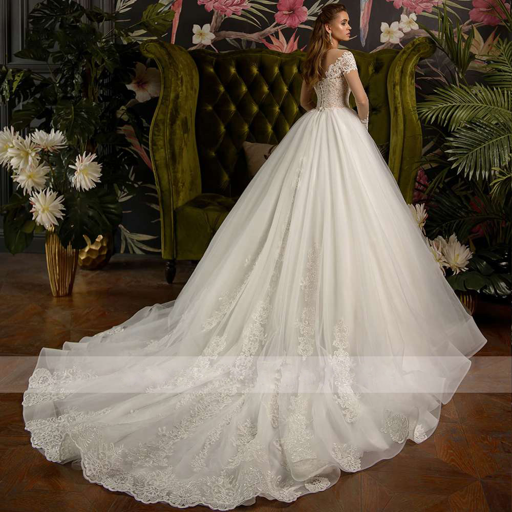 Sleeves Amazing Long Lace Wedding Dresses Sheer Bateau Neck Bridal Gowns A Line Sweep Train Appliqued Tulle Robe De Marie ppliqued