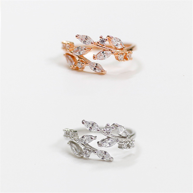100% 925 Sterling Silver Clear Zircon Leaf Rings For Women Sterling Silver 925 Jewelry Simple Adjustable Statement Ring