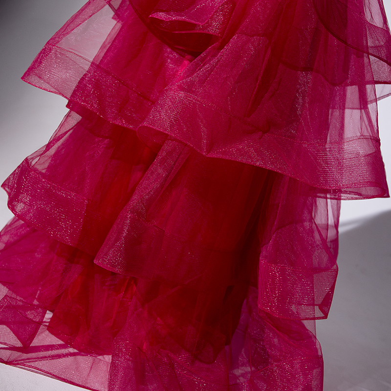 Dark Red Long Prom Dress Layers Tulle with Sequins Long Evening Dress with Sash New Arrival Free Shipping