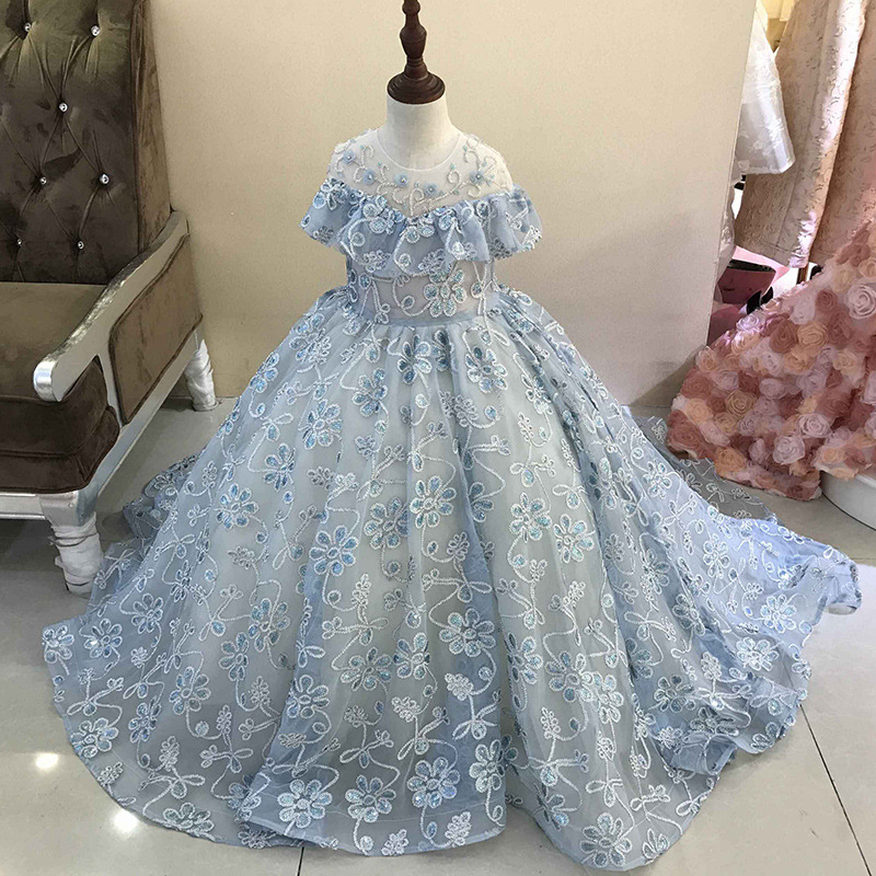 Luxury Blue Princess Flowers Girls Dresses for Wedding Long Sleeve Appliques Beads Ball Gown Kids Pageant Gowns First Holy Communion Dress