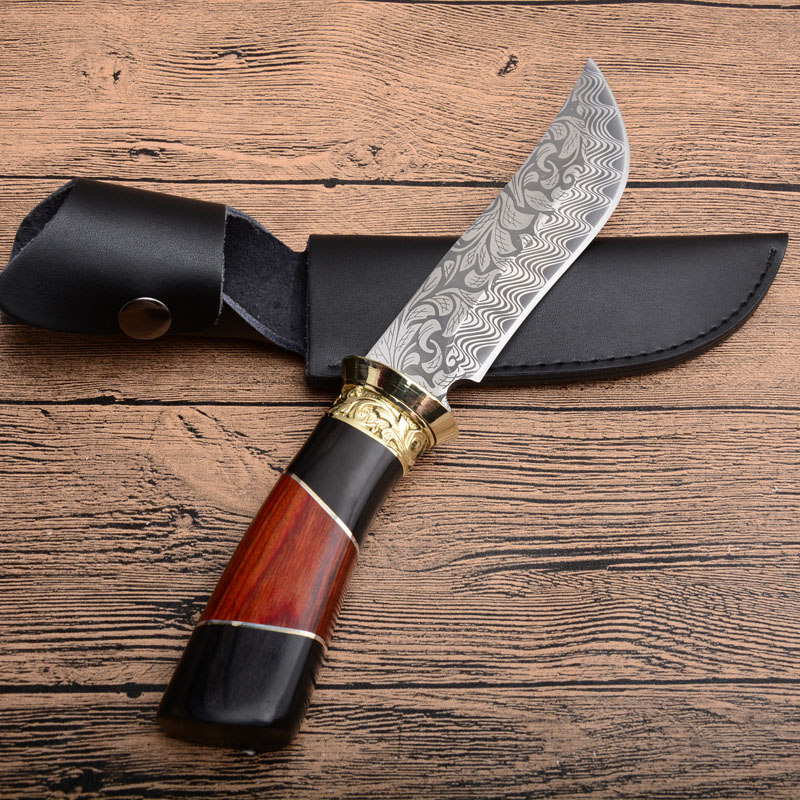 High Quality Bowie Survival Straight Hunting Knife 440C Steel Blade Wood Handle Fixed Blades Knives With Leather Sheath
