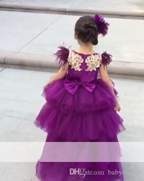 High Low Elegant Purple Girls Pageant Dresses Princess Cap Sleeve Gold Appliques Long Toddler Formal Party Prom Gowns For Kids