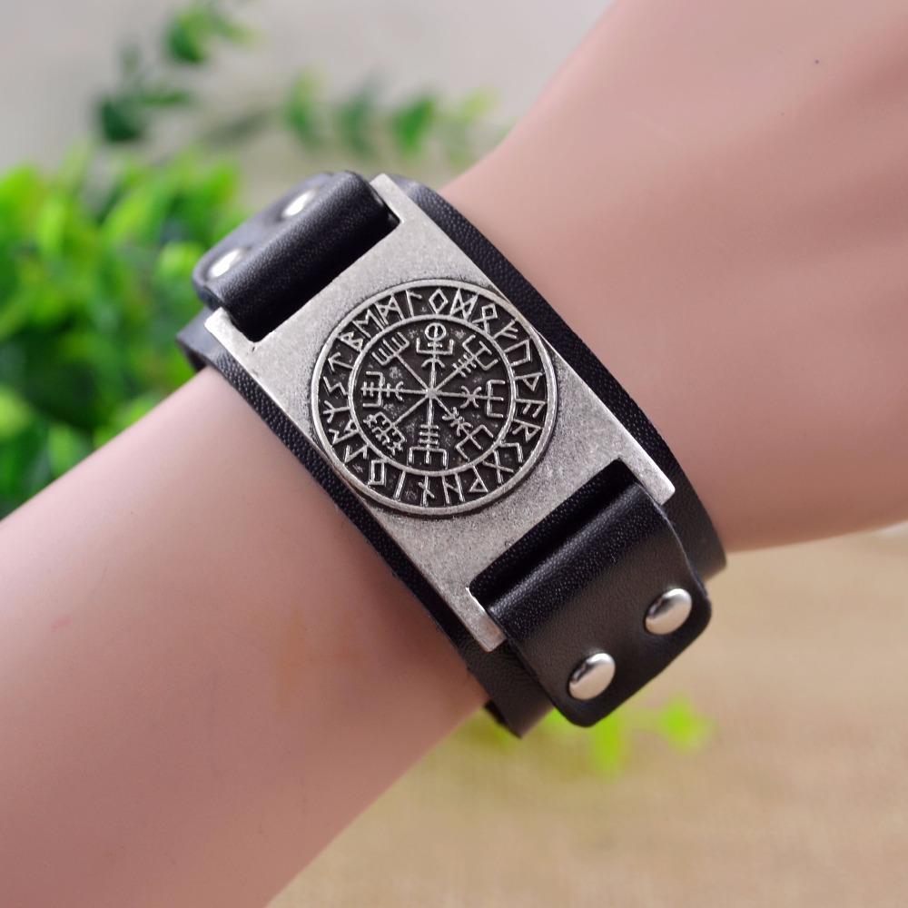 Dropshipping Viking Vegvisir Compass Pendants Bangle Norse Runes Men Jewelry Odin Symbol Leather Bracelet
