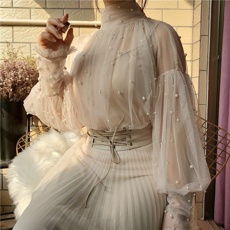 2019 Fashion Autumn Women Sweet Beads Bubble Sleeve Pearls Button Gauze Blouses Ladies Elegant Mesh Shirt Blusas Tops1