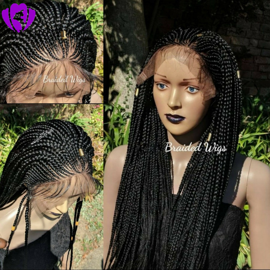 Synthetic lace front wig black/dark brown micro braided wig with for American women heat resistant fiber box braid wig glueless
