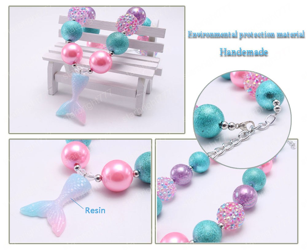 handmade chunky bubblegum beaded necklace for kids girls charm mermaid tail pendant necklace DIY baby jewelry gift