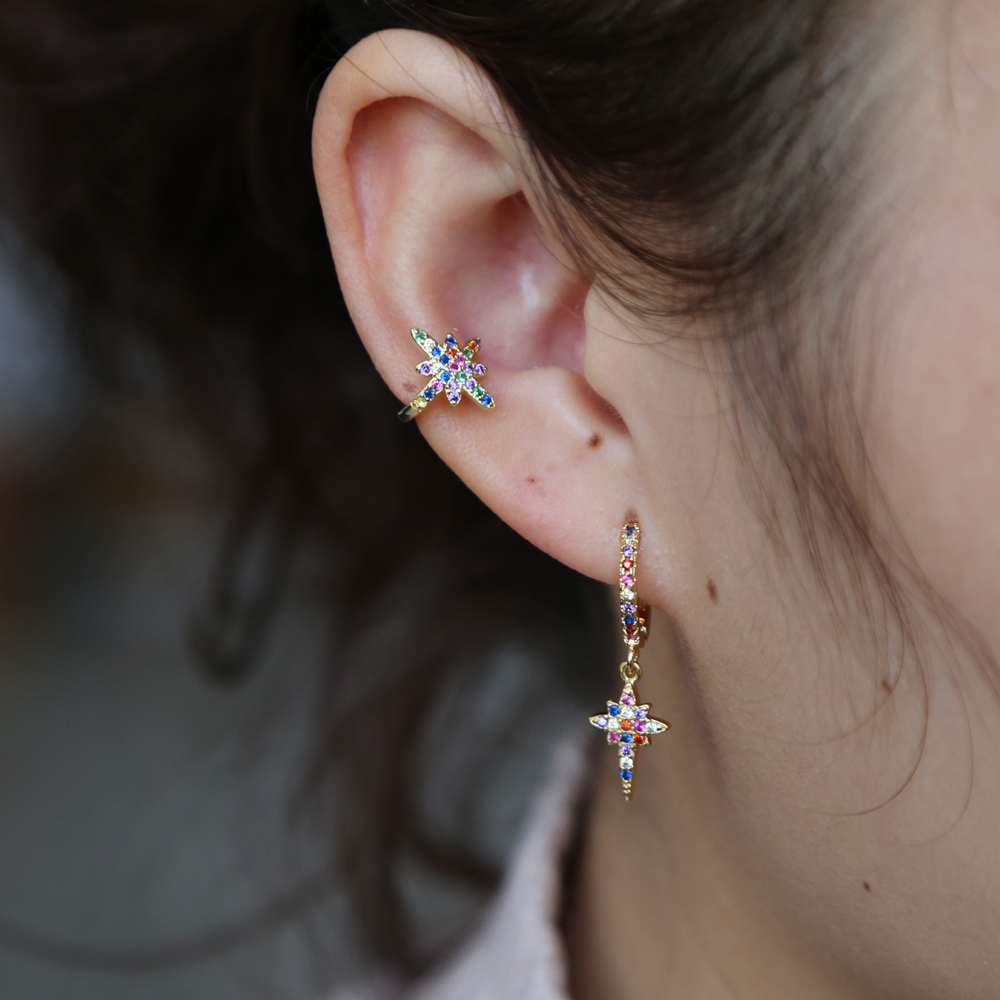 2024 1 piece rainbow cz ear cuff colorful cz northstar wrap clip earring for girls Clip No Pierced factory promotion stack earring clip