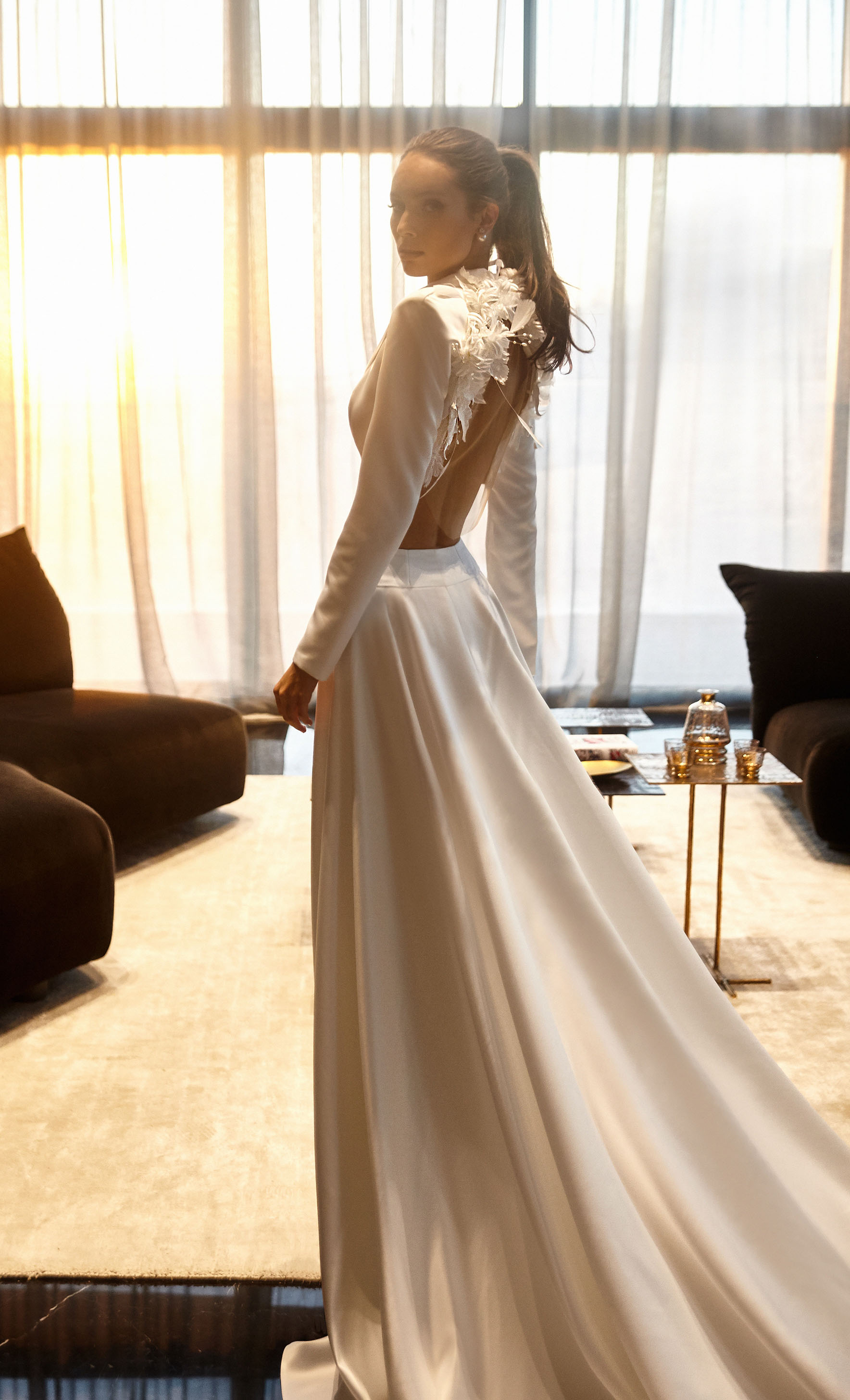 Winter A-e Wedding Dress Two Piece Suit with 3D ral Appliques & Pearls, Long Sleeves Bridal Gown, Custom Made
