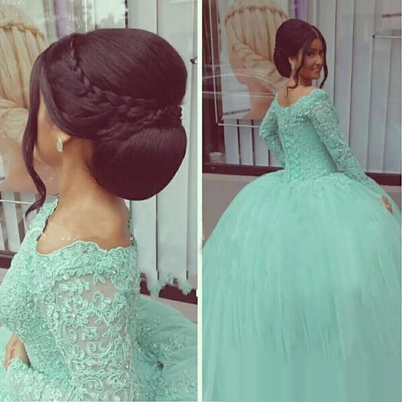 2020 New Long Sleeves Mint Green Quinceanera Dresses Bateau Appliques Ball Gown Tulle Sweet 16 Prom Party Gowns vestidos de novia Cheap