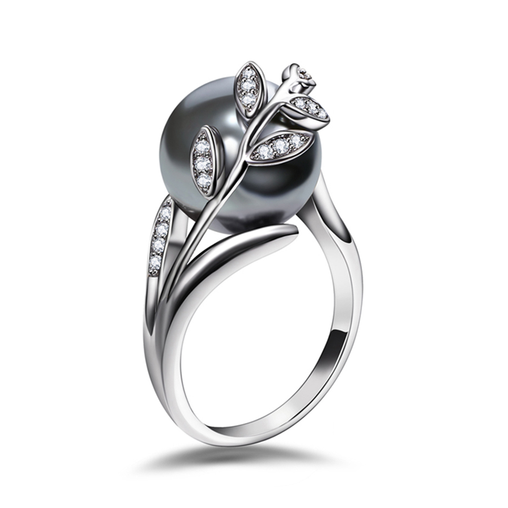 Trendy Rose Gold Color ring Big Gray Pearl Women Leaf Trendy jewellery dropshipping anel anillos aneis bagues femme statement jewelry