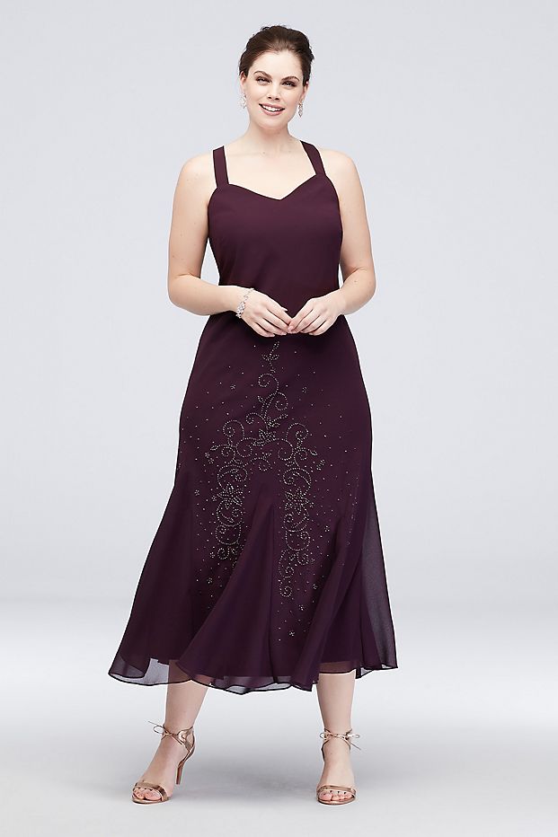 Grape Mermaid Plus Size Beaded Mother Of The Bride Dresses With Long Sleeves Jackets Wedding Guest Dress Tea Length Chiffon Evening Gowns