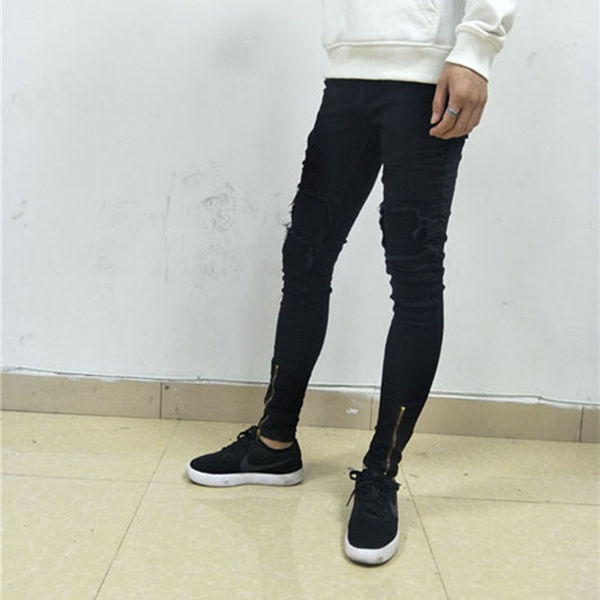 Men's Jeans Biker Knee Protection Designer Black Men Casual Male Trousers Skinny Motorcycle High Quality Side Pants