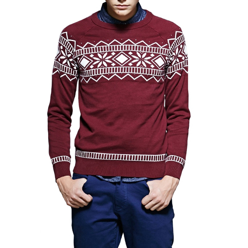 Cashmere Wool Sweater Men 2018 Autumn Winter Slim Fit Pullovers Men Print O-Neck Pull Homme Christmas Sweaters, Orange