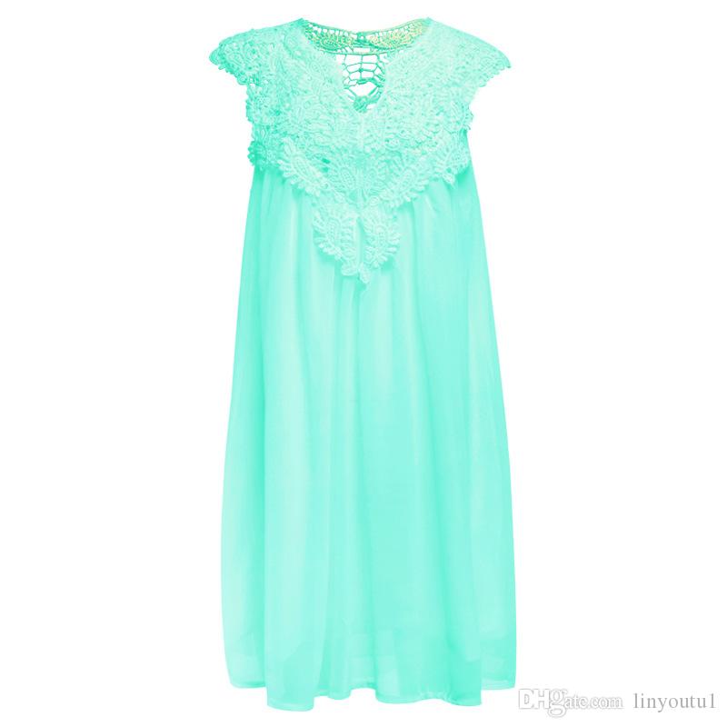 2020 Women's Bohemia summer dress stitching loose sexy dress Short Sleeveless chiffon solid lace beach dress women dropshing