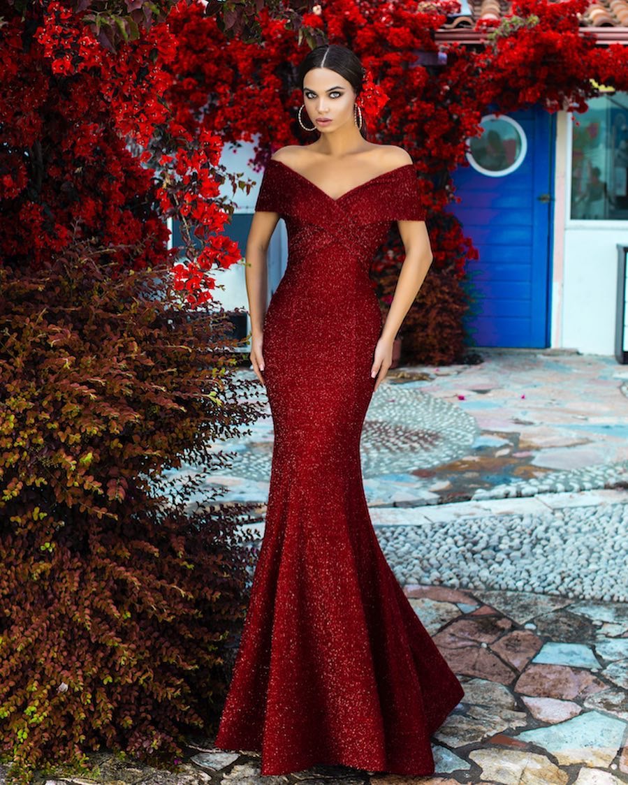 2020 Sparkly Red Evening Dresses With Glitter Beads Off The Shoulder Mermaid Prom Dress Custom Made Plus Size Formal Occasion Gowns